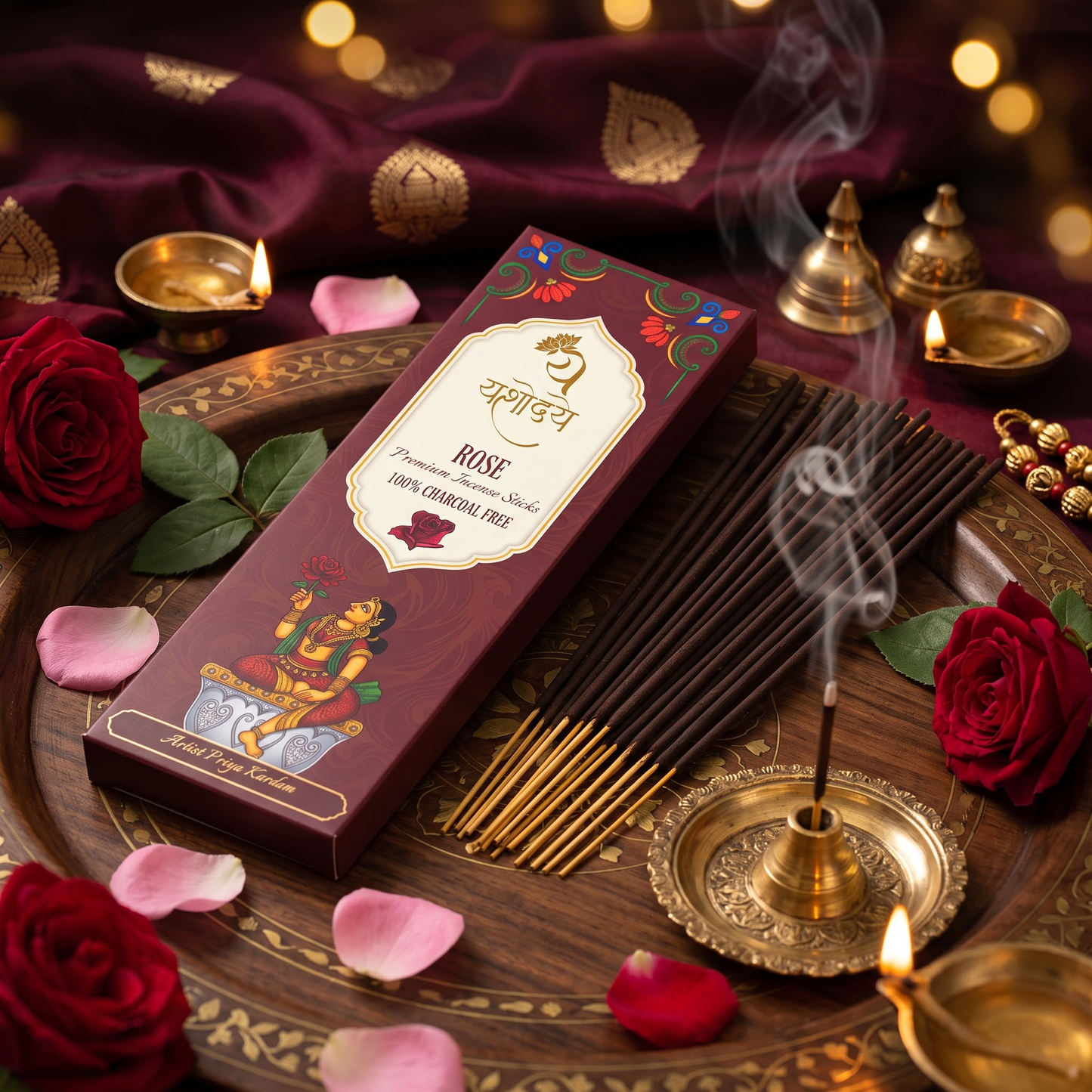 Yashodaye Organic Rose Incense Sticks - Pack of 80 (Charcoal-Free)