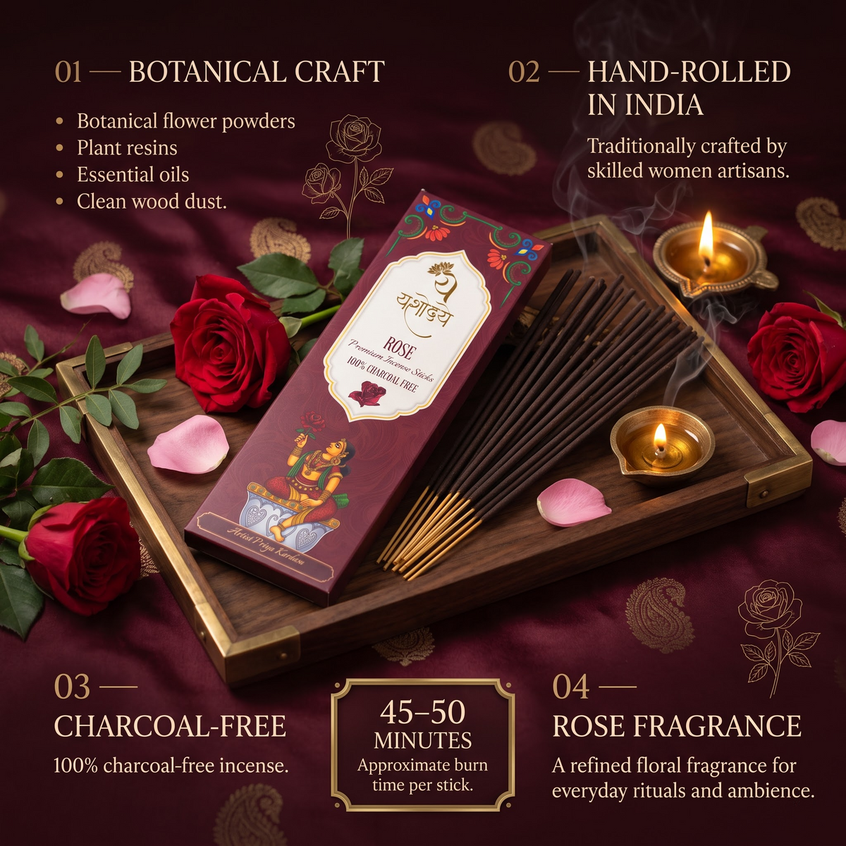 Yashodaye Organic Rose Incense Sticks - Pack of 80 (Charcoal-Free)