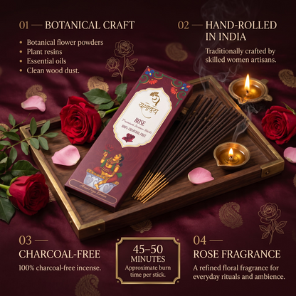 Yashodaye Organic Rose Incense Sticks - Pack of 80 (Charcoal-Free)