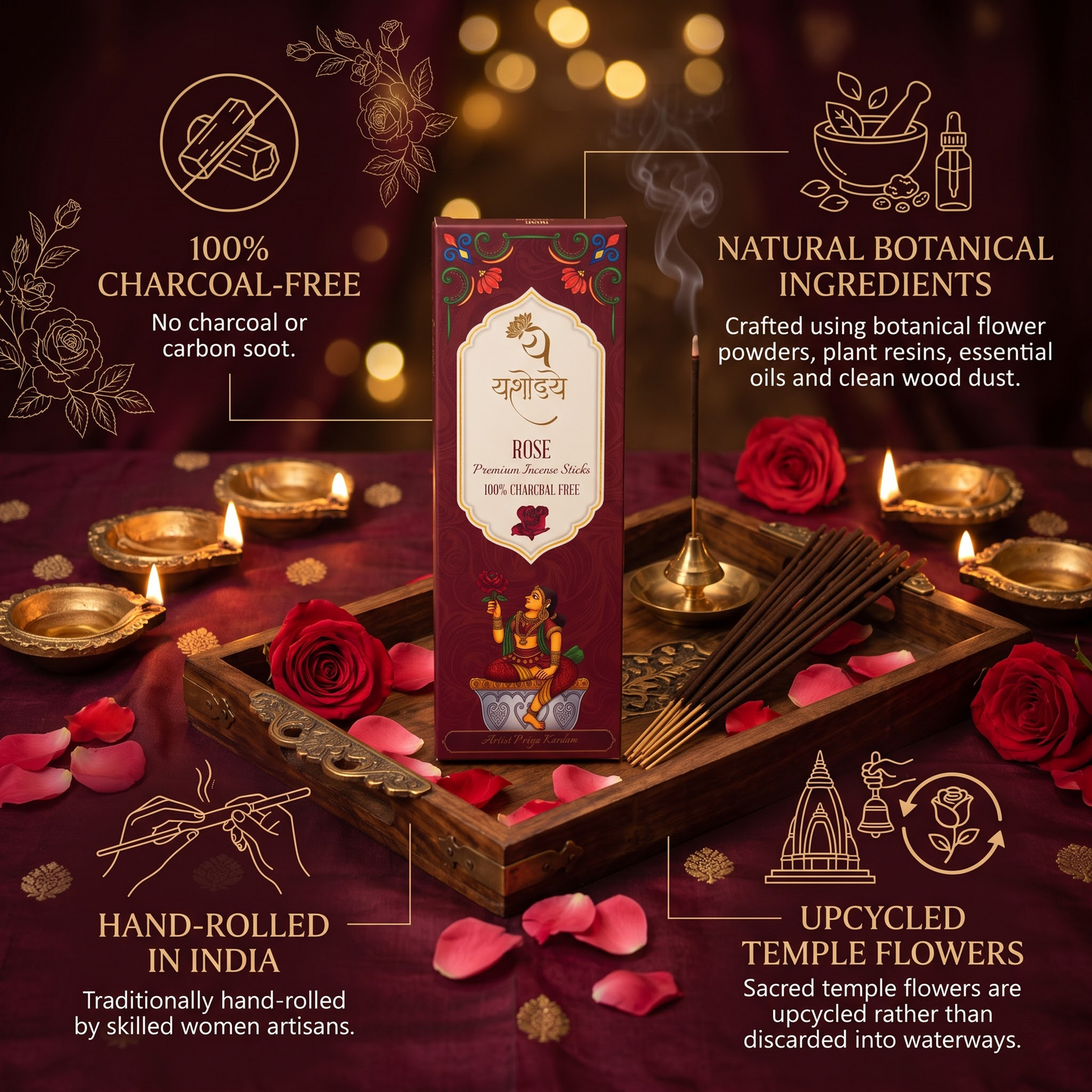 Yashodaye Organic Rose Incense Sticks - Pack of 80 (Charcoal-Free)