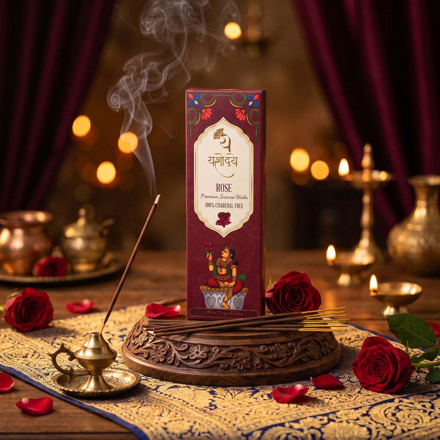 Yashodaye Organic Rose Incense Sticks - Pack of 80 (Charcoal-Free)