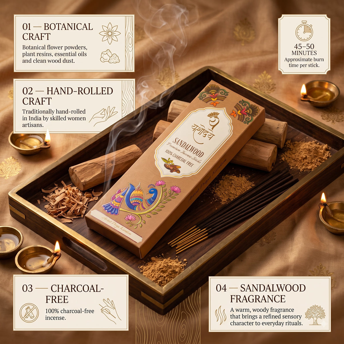 Yashodaye Organic Sandalwood Incense Sticks - Pack of 80 (Charcoal-Free)