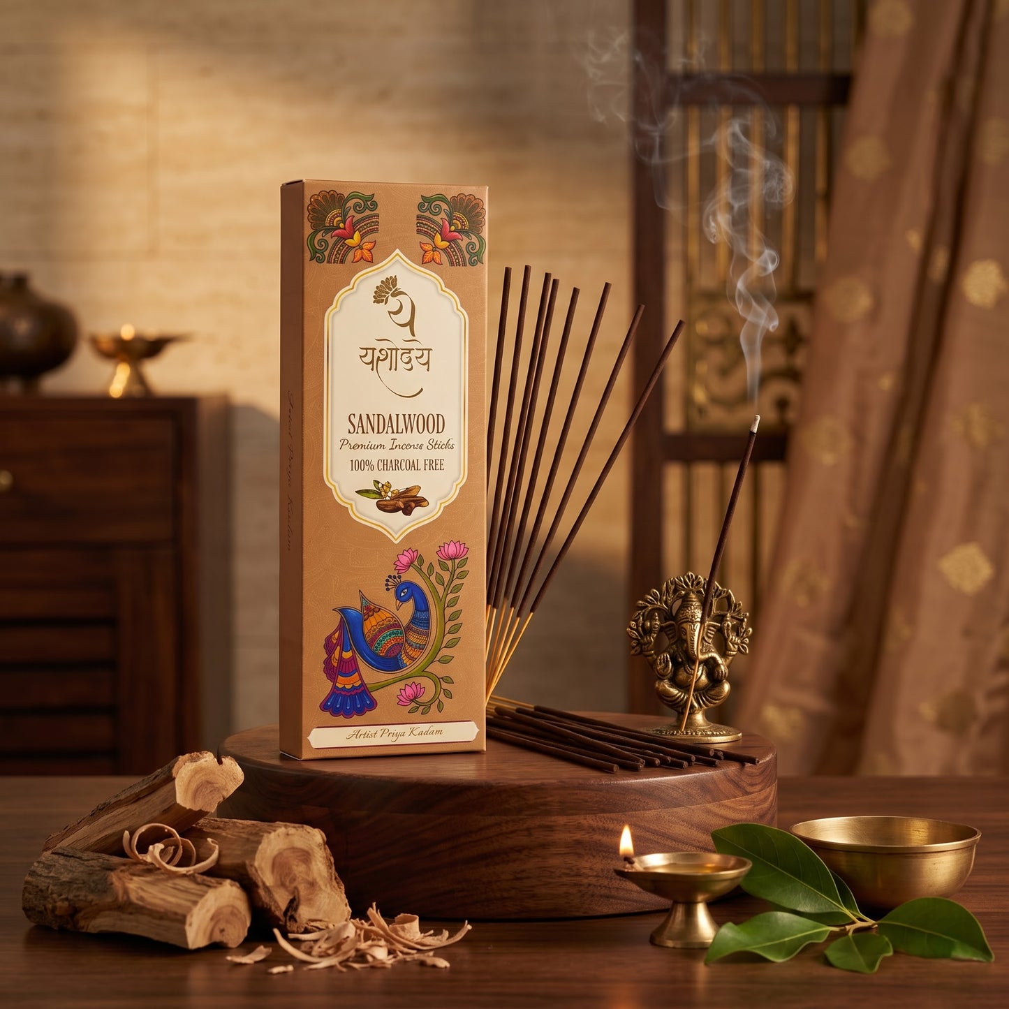 Yashodaye Organic Sandalwood Incense Sticks - Pack of 80 (Charcoal-Free)