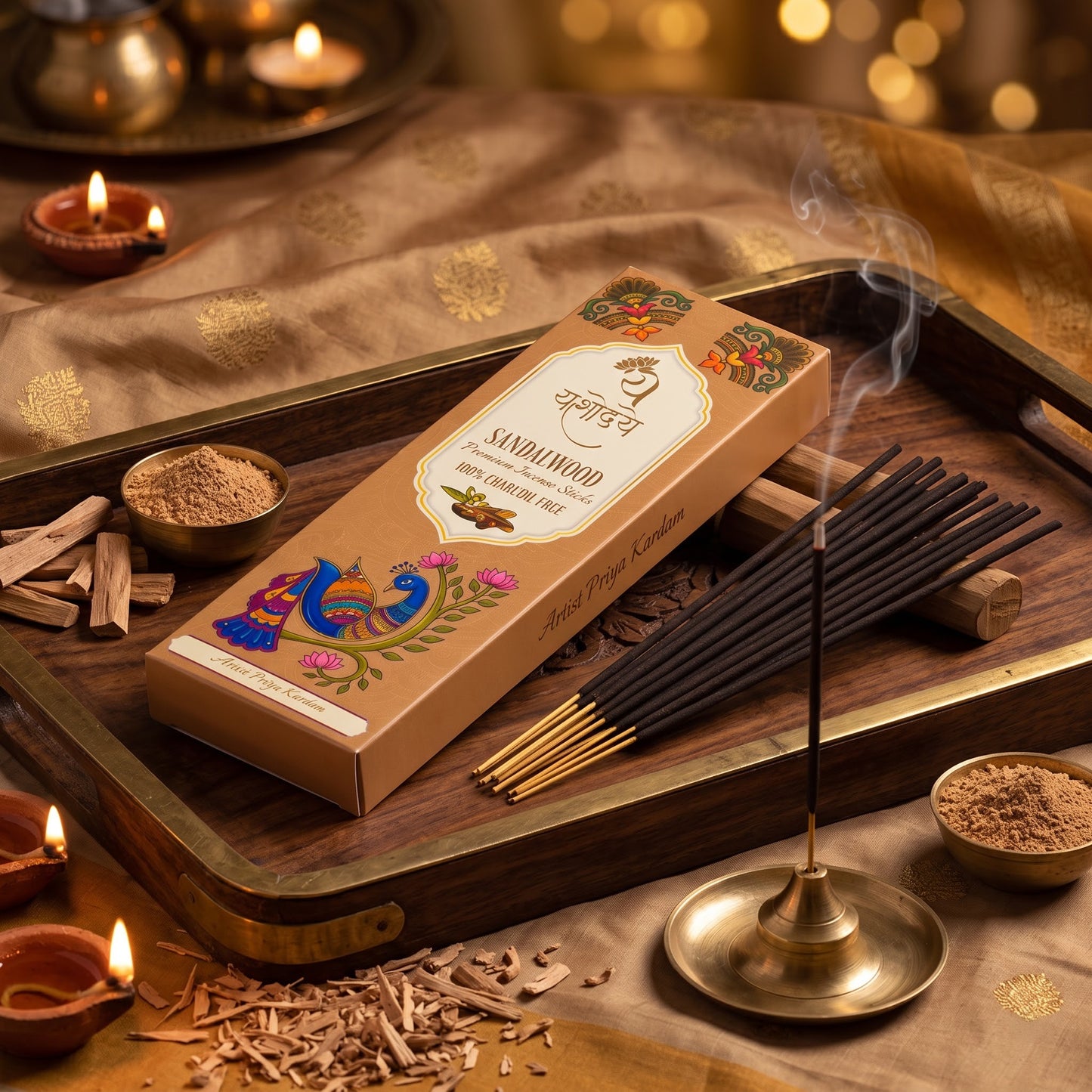 Yashodaye Organic Sandalwood Incense Sticks - Pack of 80 (Charcoal-Free)