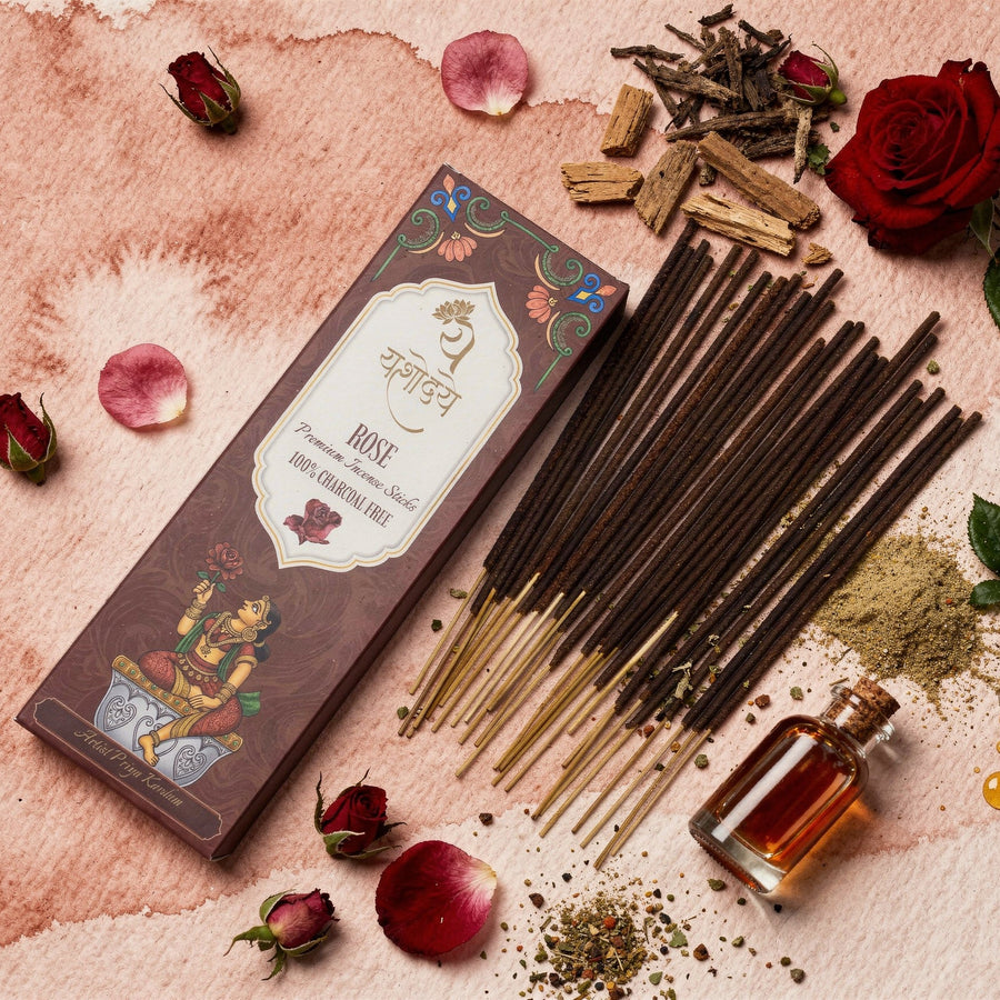 Yashodaye Organic Rose Incense Sticks - Pack of 80 (Charcoal-Free)