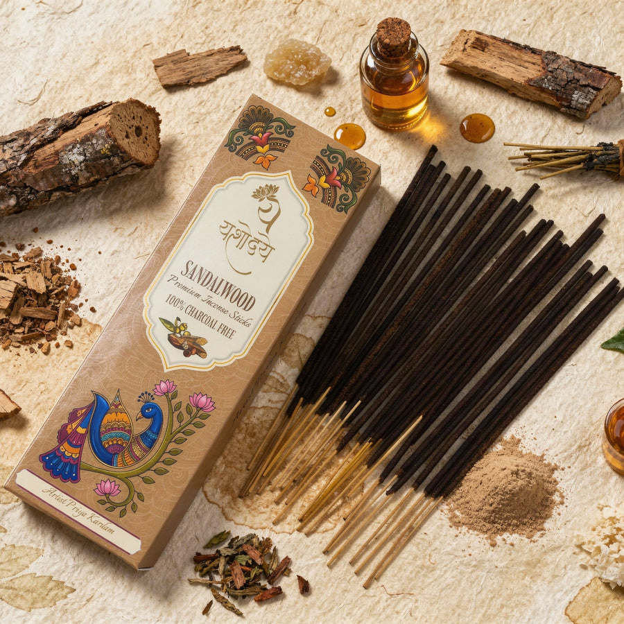 Yashodaye Organic Sandalwood Incense Sticks - Pack of 80 (Charcoal-Free)