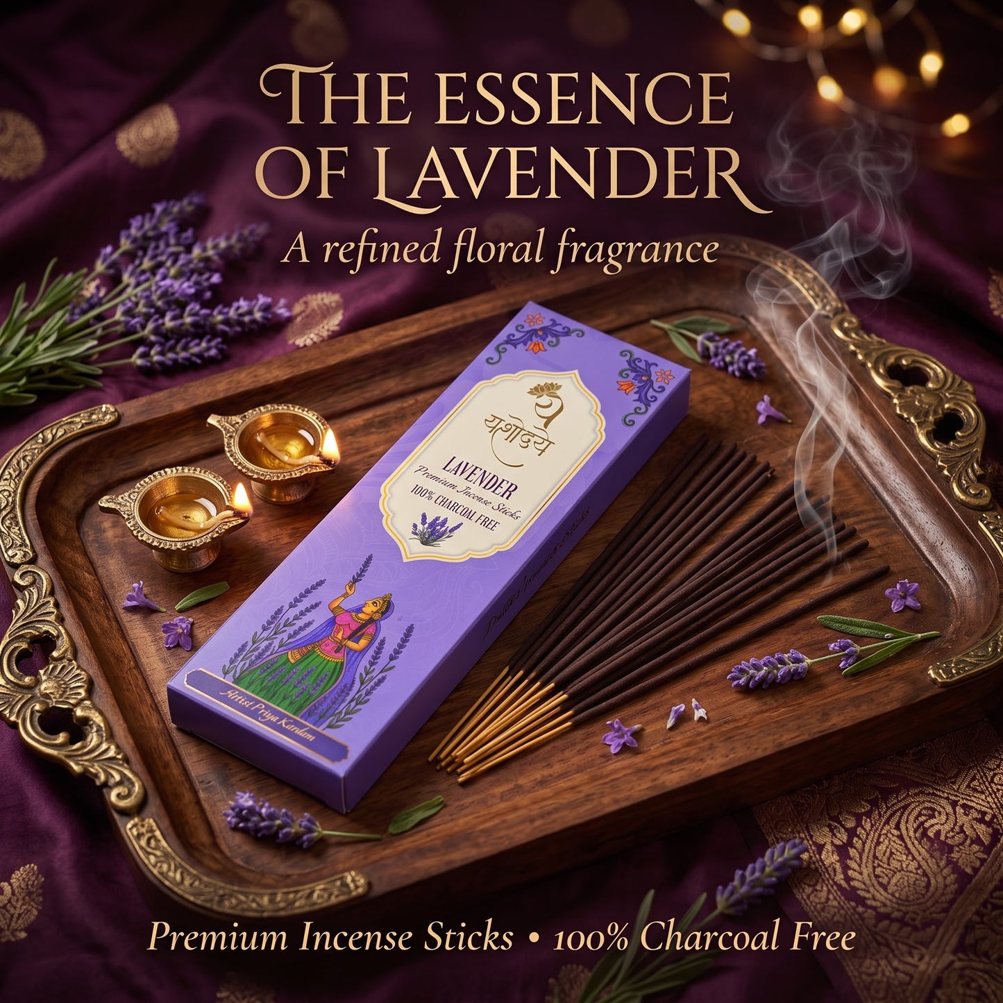 Yashodaye Organic Lavender Incense Sticks - Pack of 80 (Charcoal-Free)