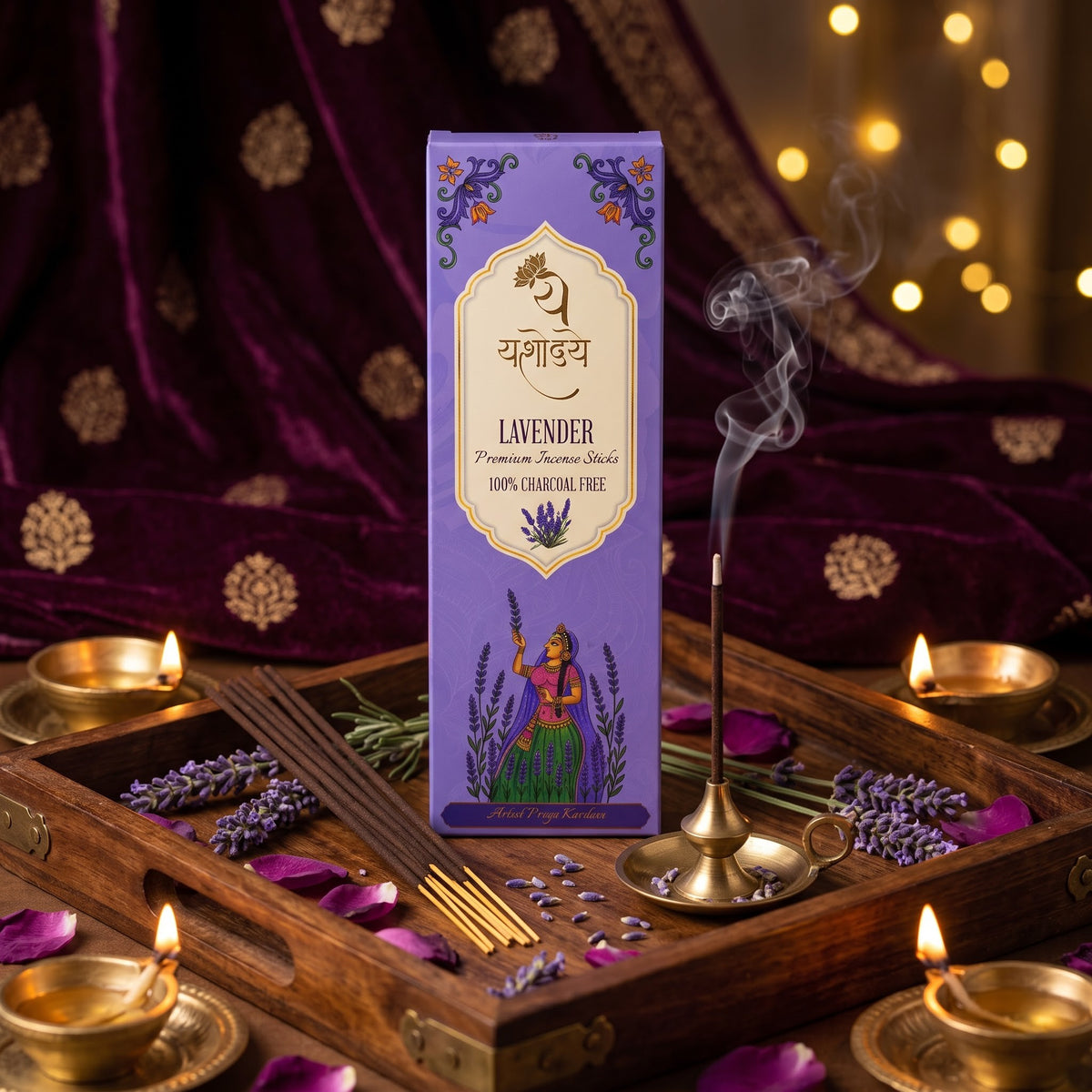Yashodaye Organic Lavender Incense Sticks - Pack of 80 (Charcoal-Free)